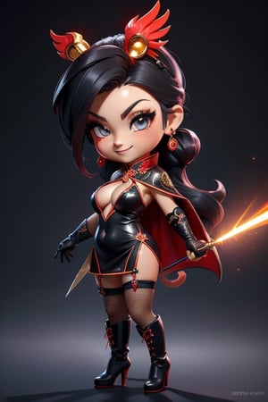 ((best quality)), ((masterpiece)), ((ultra-detailed)), high resolution, chibi girl, black ponytail, dark grey eyes, futuristic clothing, dynamic pose, cute, mischievous smile, happy, simple background, full body, 3DMM, chibi, dynamic pose, cyberpunk, black and red robe, long boots, phoenix robe, leather miniskirt, long_gloves, High detailed, laser daggers, cleavage, sexy cheongsam, necklace, belly button, fishnet stockings, translucent bunnysuit,  see_through, chibi, big head,