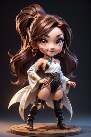 ((best quality)), ((masterpiece)), ((ultra-detailed)), high resolution, chibi girl, fluffy hair, brown eyes, futuristic clothing, dynamic pose, cute, lite smile, happy, simple background, full body, 3DMM, High detailed, chibi, dynamic pose, cyberpunk, hanfu, showing shoulders, ear_ring, pony_tail, long boots