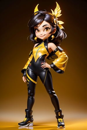 ((best quality)), ((masterpiece)), ((ultra-detailed)), high resolution, chibi girl, black fluffy hair, ahoge, brown eyes, futuristic clothing, dynamic pose, cute, smile, happy, simple background, full body, 3DMM, High detailed, chibi, dynamic pose, cyberpunk, yellow hanfu, holding cyberpunk neon katar, High detailed , showing shoulders,