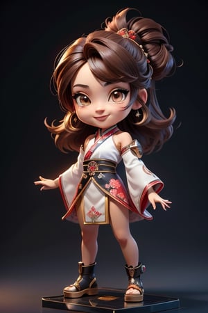 ((best quality)), ((masterpiece)), ((ultra-detailed)), high resolution, chibi girl, fluffy hair, brown eyes, futuristic clothing, dynamic pose, cute, lite smile, happy, simple background, full body, 3DMM, High detailed, chibi, dynamic pose, cyberpunk, hanfu, showing shoulders,