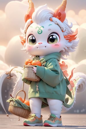 twin green dragoncute hopping happily surrounded by colorful clouds, chibi, big cute eyes, hanfu-style sweater, sport sneakers, holding a basket of oranges, chinese fire crackers on the floor