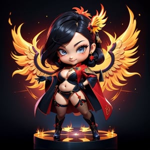 ((best quality)), ((masterpiece)), ((ultra-detailed)), high resolution, chibi girl, black ponytail, dark grey eyes, futuristic clothing, dynamic pose, cute, mischievous smile, happy, simple background, full body, 3DMM, chibi, dynamic pose, cyberpunk, black and red robe, long boots, phoenix robe, leather miniskirt, long_gloves, High detailed, katana, cleavage, sexy cheongsam, necklace, belly button, fishnet stockings, translucent bunnysuit,  see_through, chibi, big head, showing belly button, mini pet phoenix on shoulder