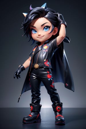 ((best quality)), ((masterpiece)), ((ultra-detailed)), high resolution, chibi boy, black spiky hair, blue eyes, futuristic clothing, dynamic pose, cute, lite smile, happy, simple background, full body, 3DMM, chibi, dynamic pose, cyberpunk, light robe, long boots, big head, Color magic, Saturated colors, print robe, leather pants, print shirt, sunshade on top of head, gloves, High detailed 