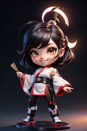 ((best quality)), ((masterpiece)), ((ultra-detailed)), high resolution, chibi girl, black fluffy hair, ahoge, brown eyes, futuristic clothing, dynamic pose, cute, smile, happy, simple background, full body, 3DMM, High detailed, chibi, smiling, dynamic pose, cyberpunk, white hanfu, holding cyber punk neon folding fan, High detailed 