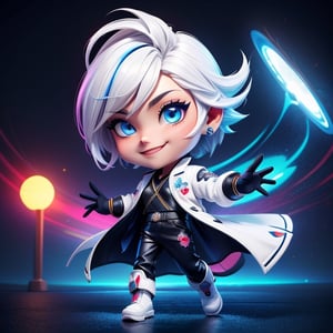 ((best quality)), ((masterpiece)), ((ultra-detailed)), high resolution, chibi boy, black spiky crew cut hair, dark blue eyes, futuristic clothing, dynamic pose, cute, lite smile, happy, simple background, full body, 3DMM, chibi, dynamic pose, cyberpunk, white robe, long boots, big head, Color magic, Saturated colors, print robe, leather pants, print shirt, neon cyberpunk sunshade, gloves, white jacket, High detailed 