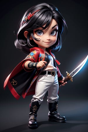 ((best quality)), ((masterpiece)), ((ultra-detailed)), high resolution, chibi boy, black crewcut hair with one strand red, braid, dark grey eyes, futuristic clothing, dynamic pose, cute, mischievous smile, happy, simple background, full body, 3DMM, chibi, dynamic pose, cyberpunk, black robe, long boots, big head, Color magic, Saturated colors, tiger robe, white leather pants, print shirt, fingerless_glove, High detailed , melee_weapons