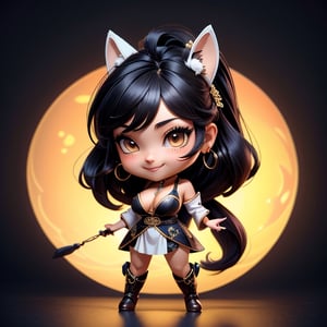 ((best quality)), ((masterpiece)), ((ultra-detailed)), high resolution, chibi girl, fluffy black hair, brown eyes, futuristic clothing, dynamic pose, cute, lite smile, happy, simple background, full body, 3DMM, High detailed, chibi, dynamic pose, cyberpunk, hanfu, showing shoulders, ear_ring, pony_tail, long boots, cleavage, necklace, big_boobs,High detailed , ahoge, standing on floor