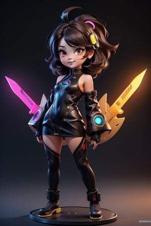 ((best quality)), ((masterpiece)), ((ultra-detailed)), high resolution, chibi girl, black fluffy hair, ahoge, brown eyes, futuristic clothing, dynamic pose, cute, happy, simple background, full body, 3DMM, High detailed, chibi, dynamic pose, cyberpunk, lime hanfu, holding cyberpunk neon giant blade, showing shoulders,