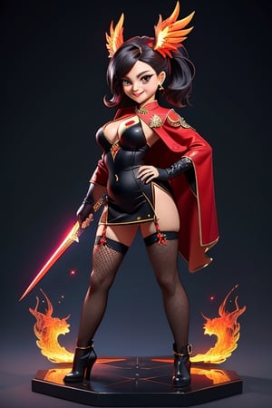 ((best quality)), ((masterpiece)), ((ultra-detailed)), high resolution, chibi girl, black ponytail, dark grey eyes, futuristic clothing, dynamic pose, cute, mischievous smile, happy, simple background, full body, 3DMM, chibi, dynamic pose, cyberpunk, black and red robe, long boots, phoenix robe, leather miniskirt, long_gloves, High detailed, 2 laser swords, cleavage, sexy cheongsam, necklace, belly button, fishnet stockings, translucent bunnysuit,  see_through, chibi, big head, showing belly button, mini pet phoenix