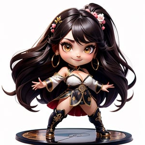 ((best quality)), ((masterpiece)), ((ultra-detailed)), high resolution, chibi girl, fluffy black hair, brown eyes, futuristic clothing, dynamic pose, cute, lite smile, happy, white background, full body, 3DMM, High detailed, chibi, dynamic pose, cyberpunk, hanfu, showing shoulders, ear_ring, pony_tail, long boots, cleavage, necklace, big_boobs,High detailed , ahoge, standing on metallic floor 