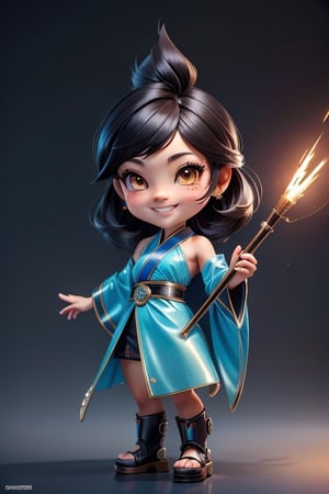 ((best quality)), ((masterpiece)), ((ultra-detailed)), high resolution, chibi girl, black fluffy hair, ahoge, brown eyes, futuristic clothing, dynamic pose, cute, smile, happy, simple background, full body, 3DMM, High detailed, chibi, smiling, dynamic pose, cyberpunk, blue hanfu, holding cyberpunk neon spear, High detailed , showing shoulders