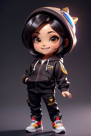 ((best quality)), ((masterpiece)), ((ultra-detailed)), high resolution, A chibi girl and a chibi boy , black hair, brown eyes, futuristic clothing, dynamic pose, cute, smile, happy, simple background, full body, wearing a hoodie, 3DMM, High detailed, chibi, smiling, futuristic clothing, dynamic pose, cyberpunk,