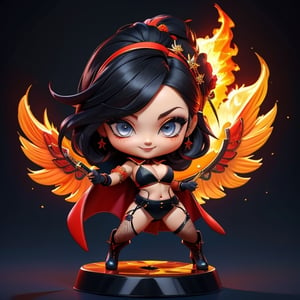 ((best quality)), ((masterpiece)), ((ultra-detailed)), high resolution, chibi girl, black ponytail, dark grey eyes, futuristic clothing, dynamic pose, cute, mischievous smile, happy, simple background, full body, 3DMM, chibi, dynamic pose, cyberpunk, black and red robe, long boots, phoenix robe, leather miniskirt, long_gloves, High detailed, black leather bra with red corset, sword, cleavage, sexy cheongsam, necklace, belly button, fishnet stockings, translucent bunnysuit,  see_through, chibi, big head, showing belly button, mini fire orange bird sitting on head