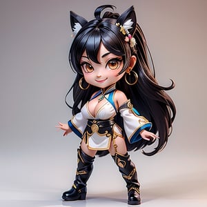 ((best quality)), ((masterpiece)), ((ultra-detailed)), high resolution, chibi girl, fluffy black hair, brown eyes, futuristic clothing, dynamic pose, cute, lite smile, happy, white background, full body, 3DMM, High detailed, chibi, dynamic pose, cyberpunk, hanfu, showing shoulders, ear_ring, pony_tail, long boots, cleavage, necklace, big_boobs,High detailed , ahoge, empty floor