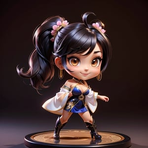 ((best quality)), ((masterpiece)), ((ultra-detailed)), high resolution, chibi girl, fluffy black hair, brown eyes, futuristic clothing, dynamic pose, cute, lite smile, happy, simple background, full body, 3DMM, High detailed, chibi, dynamic pose, cyberpunk, hanfu, showing shoulders, ear_ring, pony_tail, long boots, cleavage, necklace, big_boobs,High detailed , ahoge