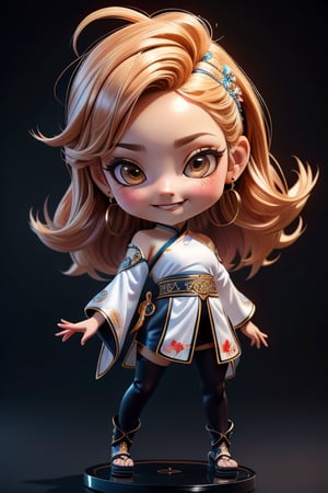 ((best quality)), ((masterpiece)), ((ultra-detailed)), high resolution, chibi girl, fluffy hair, brown eyes, futuristic clothing, dynamic pose, cute, lite smile, happy, simple background, full body, 3DMM, High detailed, chibi, dynamic pose, cyberpunk, hanfu, showing shoulders, ear_ring