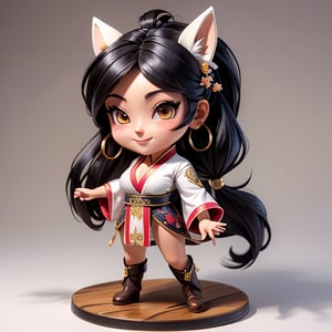 ((best quality)), ((masterpiece)), ((ultra-detailed)), high resolution, chibi girl, fluffy black hair, brown eyes, futuristic clothing, dynamic pose, cute, lite smile, happy, white background, full body, 3DMM, High detailed, chibi, dynamic pose, cyberpunk, hanfu, showing shoulders, ear_ring, pony_tail, long boots, cleavage, necklace, big_boobs,High detailed , ahoge, empty floor