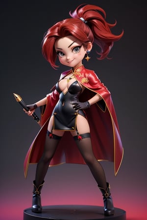 ((best quality)), ((masterpiece)), ((ultra-detailed)), high resolution, chibi girl, black ponytail, dark grey eyes, futuristic clothing, dynamic pose, cute, mischievous smile, happy, simple background, full body, 3DMM, chibi, dynamic pose, cyberpunk, black and red robe, long boots, big head, Color magic, Saturated colors, phoenix robe, leather miniskirt, long_gloves, High detailed , baton, cleavage, oppai, chibi, sexy cheongsam, necklace, belly button, fishnet stockings