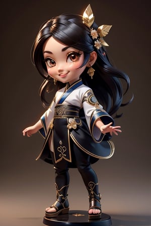 ((best quality)), ((masterpiece)), ((ultra-detailed)), high resolution, chibi girl, black hair, brown eyes, futuristic clothing, dynamic pose, cute, smile, happy, simple background, full body, 3DMM, High detailed, chibi, smiling, dynamic pose, cyberpunk, hanfu