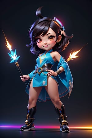 ((best quality)), ((masterpiece)), ((ultra-detailed)), high resolution, chibi girl, black fluffy hair, ahoge, brown eyes, futuristic clothing, dynamic pose, cute, smile, happy, simple background, full body, 3DMM, High detailed, chibi, smiling, dynamic pose, cyberpunk, blue hanfu, holding cyberpunk neon spear, High detailed , showing shoulders