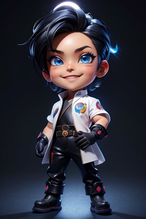 ((best quality)), ((masterpiece)), ((ultra-detailed)), high resolution, chibi boy, black spiky hair, blue eyes, futuristic clothing, dynamic pose, cute, lite smile, happy, simple background, full body, 3DMM, chibi, dynamic pose, cyberpunk, light robe, long boots, big head, Color magic, Saturated colors, print robe, leather pants, print shirt, neon cyberpunk sunshade, gloves, High detailed 