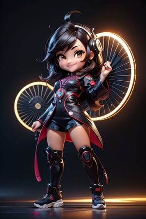 ((best quality)), ((masterpiece)), ((ultra-detailed)), high resolution, chibi girl, black fluffy hair, ahoge, brown eyes, futuristic clothing, dynamic pose, cute, smile, happy, simple background, full body, 3DMM, High detailed, chibi, smiling, dynamic pose, cyberpunk, hanfu, holding cyber punk neon folding fan, High detailed 