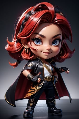 ((best quality)), ((masterpiece)), ((ultra-detailed)), high resolution, chibi boy, black crewcut hair with red highlight, braid, dark grey eyes, futuristic clothing, dynamic pose, cute, mischievous smile, happy, simple background, full body, 3DMM, chibi, dynamic pose, cyberpunk, black robe, long boots, big head, Color magic, Saturated colors, tiger robe, white leather pants, print shirt, fingerless_glove, High detailed , melee_weapons