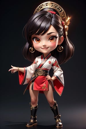 ((best quality)), ((masterpiece)), ((ultra-detailed)), high resolution, chibi girl, black hair, brown eyes, futuristic clothing, dynamic pose, cute, smile, happy, simple background, full body, 3DMM, High detailed, chibi, smiling, dynamic pose, cyberpunk, hanfu