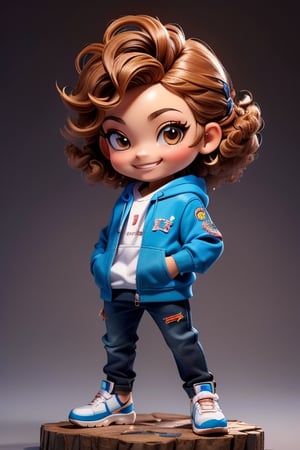 ((best quality)), ((masterpiece)), ((ultra-detailed)), high resolution, 1 boy, chibi, mini girl, curly hair, brown eyes, futuristic clothing, dynamic pose, cute, smile, happy, simple background, full body, cute boy wearing a hoodie, 3DMM, High detailed, chibi, smiling, futuristic clothing, dynamic pose, cyberpunk,High detailed 