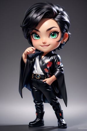 ((best quality)), ((masterpiece)), ((ultra-detailed)), high resolution, chibi boy, black crewcut hair, emerald eyes, futuristic clothing, dynamic pose, cute, mischievous smile, happy, simple background, full body, 3DMM, chibi, dynamic pose, cyberpunk, black robe, long boots, big head, Color magic, Saturated colors, dragon robe, white leather pants, print shirt, fingerless_glove, High detailed 