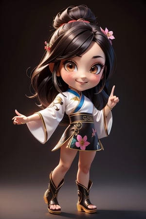((best quality)), ((masterpiece)), ((ultra-detailed)), high resolution, chibi girl, black hair, brown eyes, futuristic clothing, dynamic pose, cute, smile, happy, simple background, full body, 3DMM, High detailed, chibi, smiling, dynamic pose, cyberpunk, hanfu, peace sign hand pose