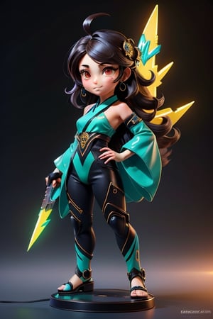 ((best quality)), ((masterpiece)), ((ultra-detailed)), high resolution, chibi girl, black fluffy hair, ahoge, brown eyes, futuristic clothing, dynamic pose, cute, happy, simple background, full body, 3DMM, High detailed, chibi, dynamic pose, cyberpunk, green hanfu, holding cyberpunk neon giant blade, showing shoulders,