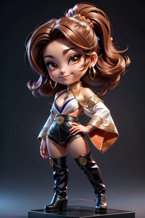 ((best quality)), ((masterpiece)), ((ultra-detailed)), high resolution, chibi girl, fluffy hair, brown eyes, futuristic clothing, dynamic pose, cute, lite smile, happy, simple background, full body, 3DMM, High detailed, chibi, dynamic pose, cyberpunk, hanfu, showing shoulders, ear_ring, pony_tail, long boots, cleavage, necklace