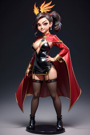 ((best quality)), ((masterpiece)), ((ultra-detailed)), high resolution, chibi girl, black ponytail, dark grey eyes, futuristic clothing, dynamic pose, cute, mischievous smile, happy, simple background, full body, 3DMM, chibi, dynamic pose, cyberpunk, black and red robe, long boots, phoenix robe, leather miniskirt, long_gloves, High detailed, laser daggers, cleavage, sexy cheongsam, necklace, belly button, fishnet stockings, translucent bunnysuit, areola slip, see_through, transparent_clothing, chibi, big head