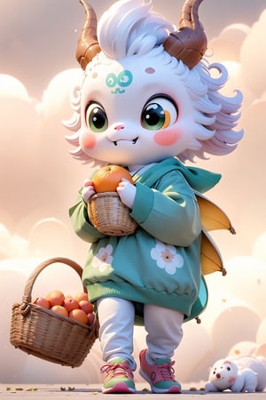 Green dragoncute hopping happily surrounded by colorful clouds, chibi, big cute eyes, hanfu-style sweater, sport sneakers, holding a basket of oranges, chinese fire crackers on the floor