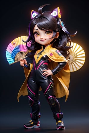((best quality)), ((masterpiece)), ((ultra-detailed)), high resolution, chibi girl, black fluffy hair, ahoge, brown eyes, futuristic clothing, dynamic pose, cute, smile, happy, simple background, full body, 3DMM, High detailed, chibi, smiling, dynamic pose, cyberpunk, hanfu, holding cyber punk neon folding fan, High detailed 