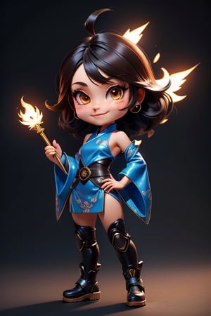 ((best quality)), ((masterpiece)), ((ultra-detailed)), high resolution, chibi girl, black fluffy hair, ahoge, brown eyes, futuristic clothing, dynamic pose, cute, smile, happy, simple background, full body, 3DMM, High detailed, chibi, smiling, dynamic pose, cyberpunk, blue hanfu, holding cyberpunk neon spear, High detailed , showing shoulders