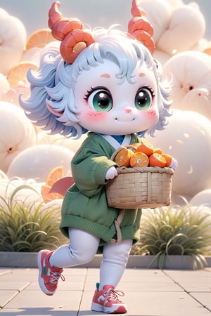 twin green dragoncute hopping happily surrounded by colorful clouds, chibi, big cute eyes, hanfu-style sweater, sport sneakers, holding a basket of oranges, chinese fire crackers on the floor, multiple girls
