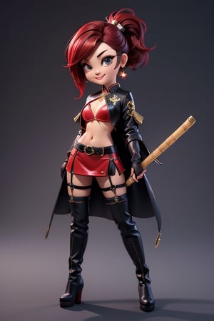 ((best quality)), ((masterpiece)), ((ultra-detailed)), high resolution, chibi girl, black ponytail, dark grey eyes, futuristic clothing, dynamic pose, cute, mischievous smile, happy, simple background, full body, 3DMM, chibi, dynamic pose, cyberpunk, black and red robe, long boots, big head, Color magic, Saturated colors, phoenix robe, leather miniskirt, long_gloves, High detailed , bamboo baton, cleavage, oppai, super chibi, sexy cheongsam, necklace, belly button, fishnet stockings