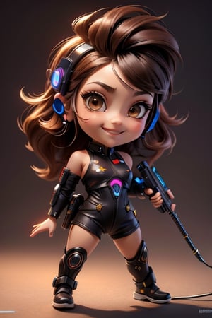 ((best quality)), ((masterpiece)), ((ultra-detailed)), high resolution, chibi girl, fluffy hair, brown eyes, futuristic clothing, dynamic pose, cute, lite smile, happy, simple background, full body, 3DMM, High detailed, chibi, dynamic pose, cyberpunk, red hanfu, holding cyberpunk neon weapon, showing shoulders,