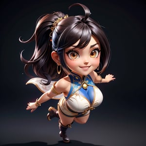 ((best quality)), ((masterpiece)), ((ultra-detailed)), high resolution, chibi girl, fluffy black hair, brown eyes, futuristic clothing, dynamic pose, cute, lite smile, happy, simple background, full body, 3DMM, High detailed, chibi, dynamic pose, cyberpunk, hanfu, showing shoulders, ear_ring, pony_tail, long boots, cleavage, necklace, big_boobs,High detailed , ahoge, flying kick from above