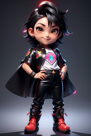 ((best quality)), ((masterpiece)), ((ultra-detailed)), high resolution, chibi boy, black spiky hair, brown eyes, futuristic clothing, dynamic pose, cute, lite smile, happy, simple background, full body, 3DMM, chibi, dynamic pose, cyberpunk, light robe, long boots, big head, Color magic, Saturated colors, print robe, leather pants, print shirt, neon cyberpunk sunshade, High detailed 