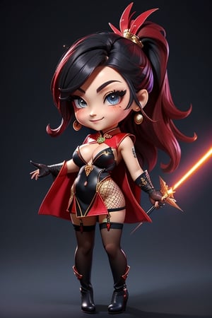 ((best quality)), ((masterpiece)), ((ultra-detailed)), high resolution, chibi girl, black ponytail, dark grey eyes, futuristic clothing, dynamic pose, cute, mischievous smile, happy, simple background, full body, 3DMM, chibi, dynamic pose, cyberpunk, black and red robe, long boots, phoenix robe, leather miniskirt, long_gloves, High detailed, laser daggers, cleavage, sexy cheongsam, necklace, belly button, fishnet stockings, translucent bunnysuit,  see_through, chibi, big head,