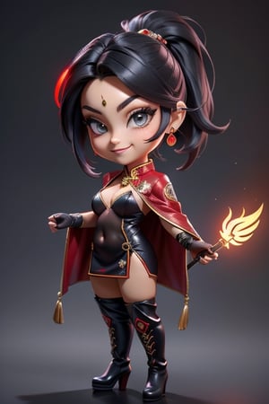 ((best quality)), ((masterpiece)), ((ultra-detailed)), high resolution, chibi girl, black ponytail, dark grey eyes, futuristic clothing, dynamic pose, cute, mischievous smile, happy, simple background, full body, 3DMM, chibi, dynamic pose, cyberpunk, black and red robe, long boots, phoenix robe, leather miniskirt, long_gloves, High detailed, laser daggers, cleavage, sexy cheongsam, necklace, belly button, fishnet stockings, translucent bunnysuit, areola slip, see_through, transparent_clothing, chibi, big head,High detailed 