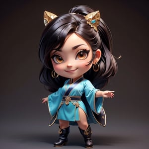 ((best quality)), ((masterpiece)), ((ultra-detailed)), high resolution, chibi girl, fluffy black hair, brown eyes, futuristic clothing, dynamic pose, cute, lite smile, happy, simple background, full body, 3DMM, High detailed, chibi, dynamic pose, cyberpunk, light hanfu, showing shoulders, ear_ring, pony_tail, long boots, cleavage, necklace, big head