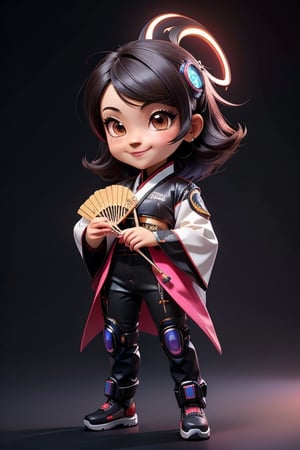 ((best quality)), ((masterpiece)), ((ultra-detailed)), high resolution, chibi girl, black fluffy hair, ahoge, brown eyes, futuristic clothing, dynamic pose, cute, smile, happy, simple background, full body, 3DMM, High detailed, chibi, smiling, dynamic pose, cyberpunk, hanfu, holding cyber punk neon folding fan, High detailed 