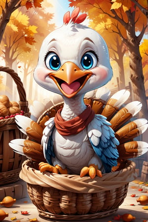 chibi, 1turkey sitting on a basket pondering his happy life, adorable_eyes, mischievous_smile, masterpiece, best quality, highly detailed, sharp focus, dynamic lighting, vivid colors, texture detail, particle effects, storytelling elements, narrative flair, 16k, UE5, HDR, subject-background isolation, ,tg23