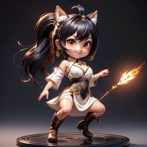 ((best quality)), ((masterpiece)), ((ultra-detailed)), high resolution, chibi girl, fluffy black hair, brown eyes, futuristic clothing, dynamic pose, cute, lite smile, happy, simple background, full body, 3DMM, High detailed, chibi, dynamic pose, cyberpunk, hanfu, showing shoulders, ear_ring, pony_tail, long boots, cleavage, necklace, big_boobs,High detailed , ahoge, jumping pose