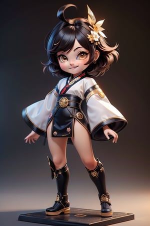 ((best quality)), ((masterpiece)), ((ultra-detailed)), high resolution, chibi girl, black fluffy hair, ahoge, brown eyes, futuristic clothing, dynamic pose, cute, smile, happy, simple background, full body, 3DMM, High detailed, chibi, smiling, dynamic pose, cyberpunk, hanfu, open palm hand