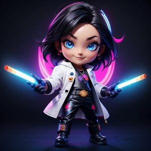 ((best quality)), ((masterpiece)), ((ultra-detailed)), high resolution, chibi boy, black spiky hair, blue eyes, futuristic clothing, dynamic pose, cute, lite smile, happy, simple background, full body, 3DMM, chibi, dynamic pose, cyberpunk, light robe, long boots, big head, Color magic, Saturated colors, print robe, leather pants, print shirt, neon cyberpunk sunshade, gloves, white jacket, High detailed 